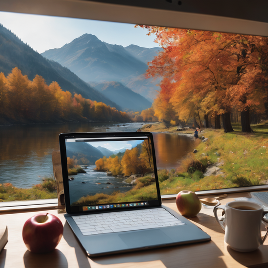 fishing a river in the fall while sitting at a desk with an ipad and coffee, mug, glasses, flowers, apples, books,roebites.ca,vedder river